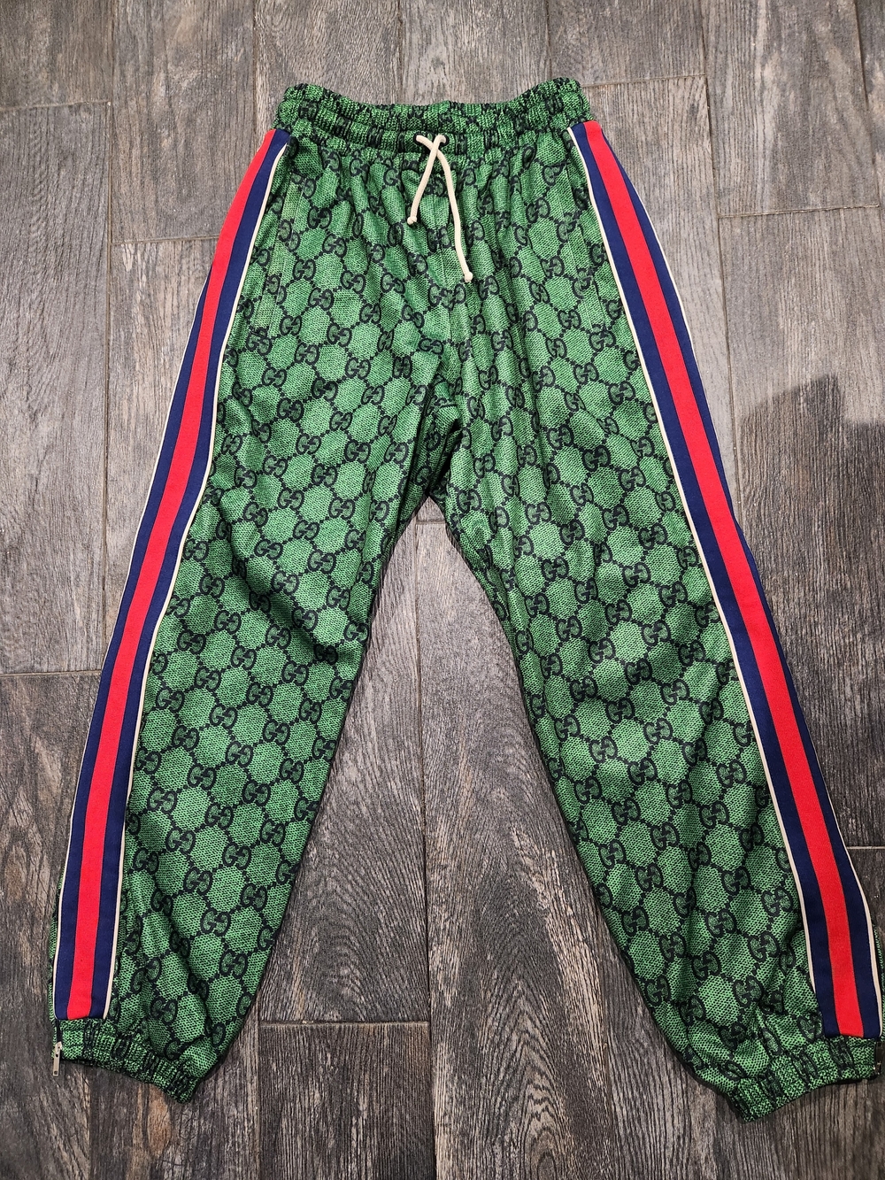GUCCI Green GG Monogram Track Pants with Red/Blue Side Stripes